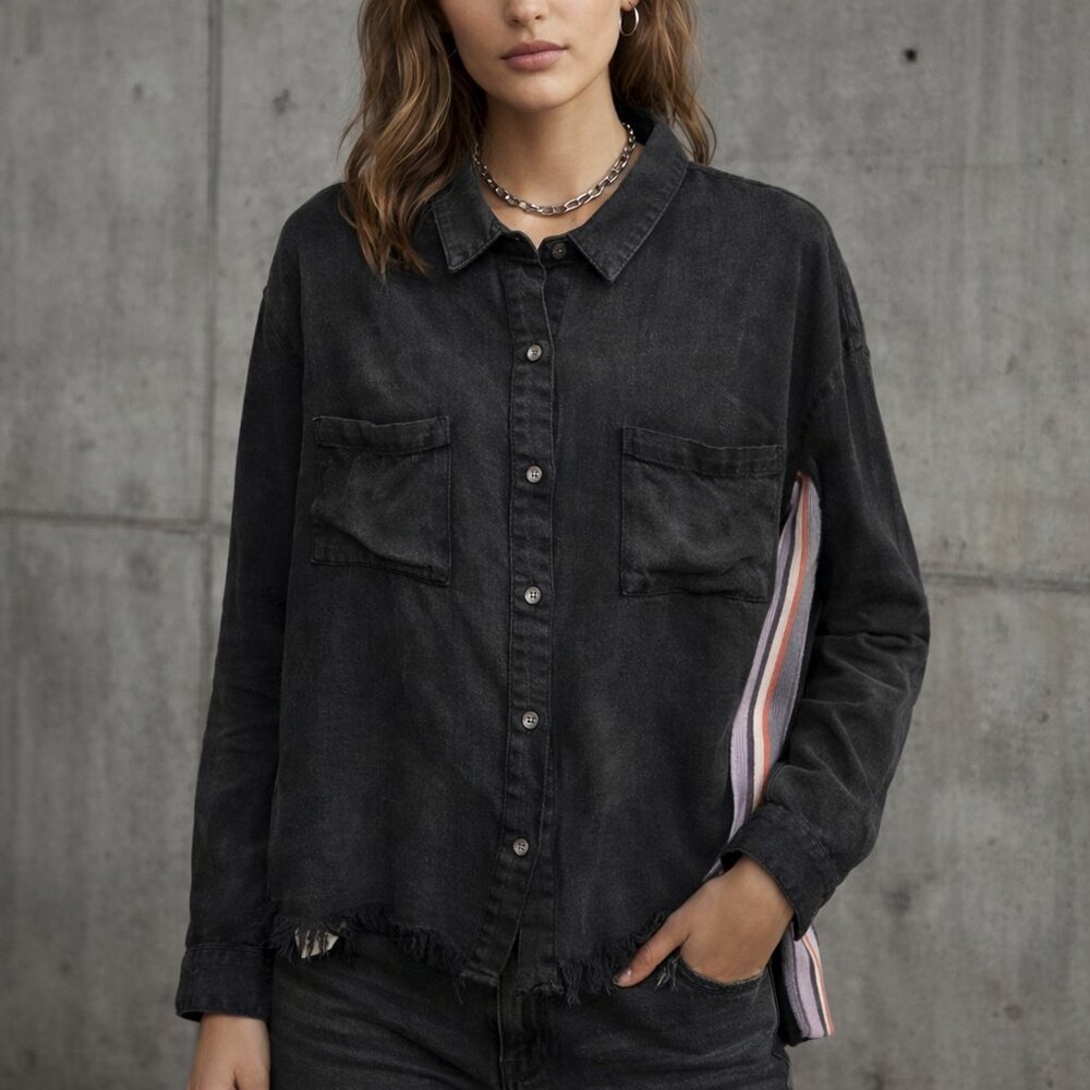 MYSTREE Black Acid Wash Button Down Shirt | Frayed Hem | Oversized Utility Top